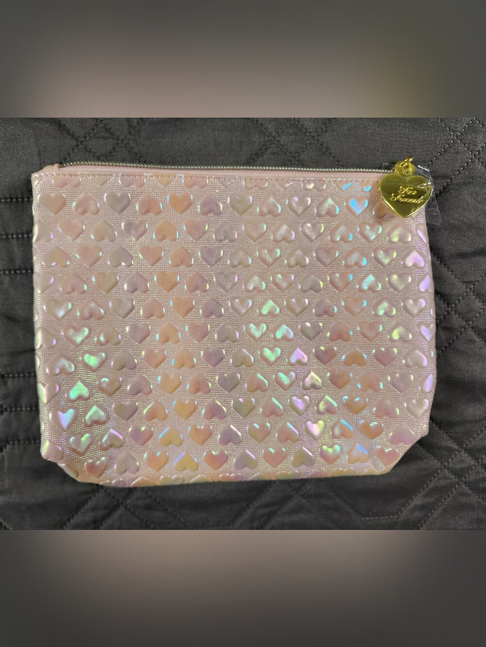 Too Faced pink iridescent heart makeup bag Nwt